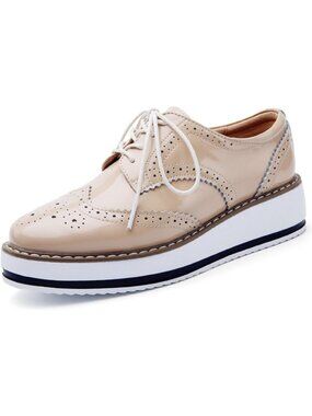 Women's Apricot Round Toe Lace Up Leather Oxford Shoes Wingtip White Platform